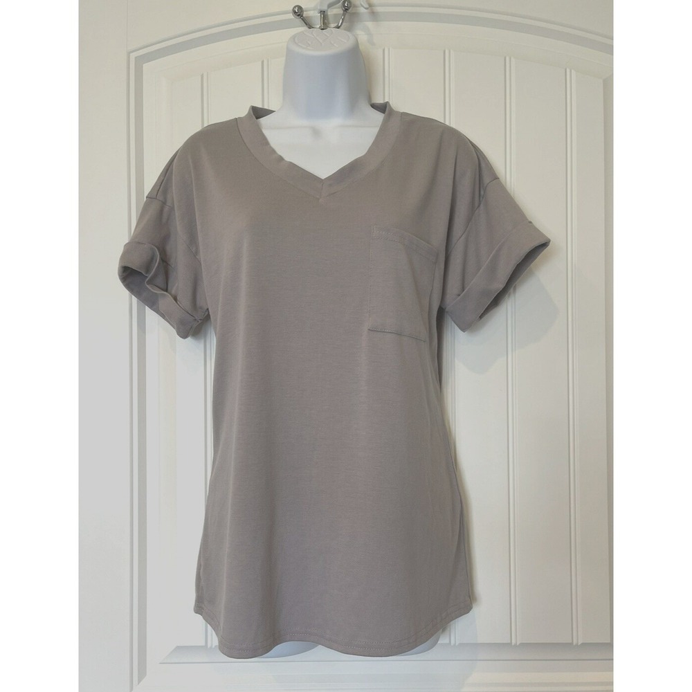 Miholl Womens‎ Small T Shirt Purple Rolled Sleeves V-Neck Clean Casual